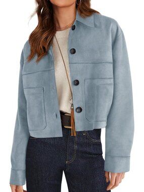 Women's Faux Suede Cropped Jacket Fall Fashion Winter Coats Outerwear Light Blue